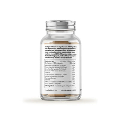 A clear bottle with a silver lid contains Total Eclipse Natural Sleep Aid Formula (melatonin-free, 90 capsules). The white label shows supplement facts and ingredients in black text, available at Fisa Health.