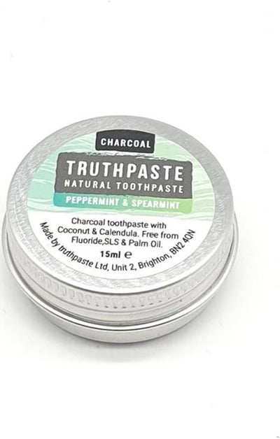Small tin of Truthpaste Adult’s Toothpaste, 15ml, Peppermint & Spearmint flavor. Fluoride, SLS & palm oil free. Brand: Truthpaste, available at Fisa Health.
