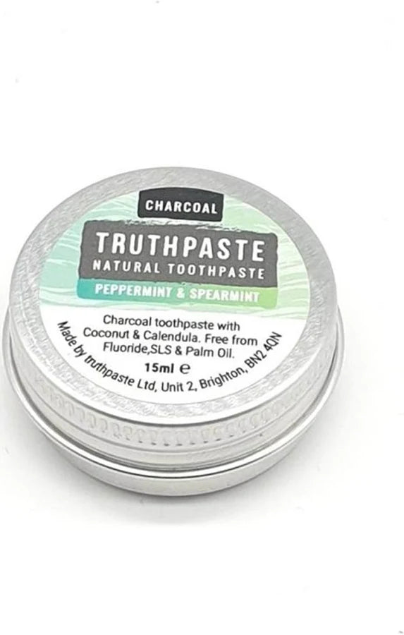 Small tin of Truthpaste Adult’s Toothpaste, 15ml, Peppermint & Spearmint flavor. Fluoride, SLS & palm oil free. Brand: Truthpaste, available at Fisa Health.
