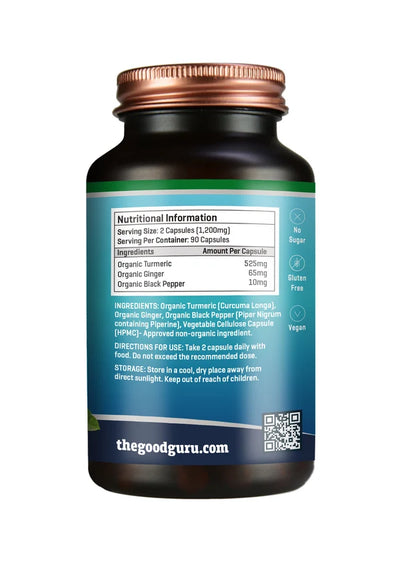 The Good Guru Organic Turmeric, Ginger & Black Pepper (90 capsules). Sugar-free, gluten-free, vegan. Available at Fisa Health.