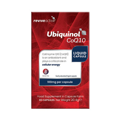 Red and white box of Revive Active Ubiquinol CoQ10 100mg Capsules, containing 30 gluten-free capsules, available at Fisa Health.