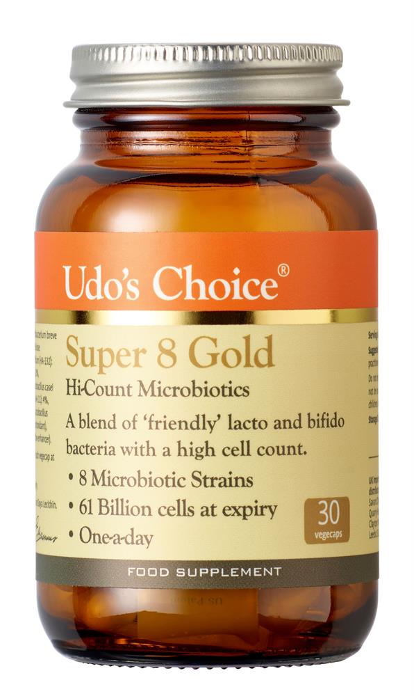 Udo's Choice Super 8 Gold 30 caps bottle, highlighting 8 bifido probiotic strains and 61 billion cells per capsule, available at Fisa Health.