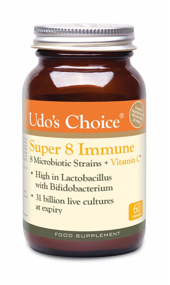Udo's Choice Super 8 Immune (60 caps) by Udo's Choice, probiotic supplement with vitamin C, 31B live cultures, and vegetarian formula in capsule form, available at Fisa Health.