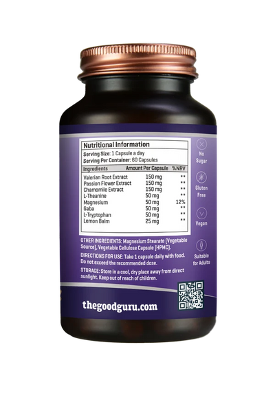 A brown bottle of The Good Guru Vegan Easy Sleep Capsules x 60 with a purple label showing ingredient information, available at Fisa Health.