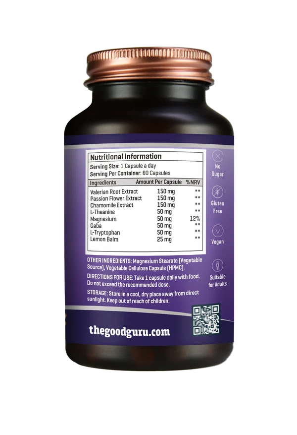 A brown bottle of The Good Guru Vegan Easy Sleep Capsules x 60 with a purple label showing ingredient information, available at Fisa Health.