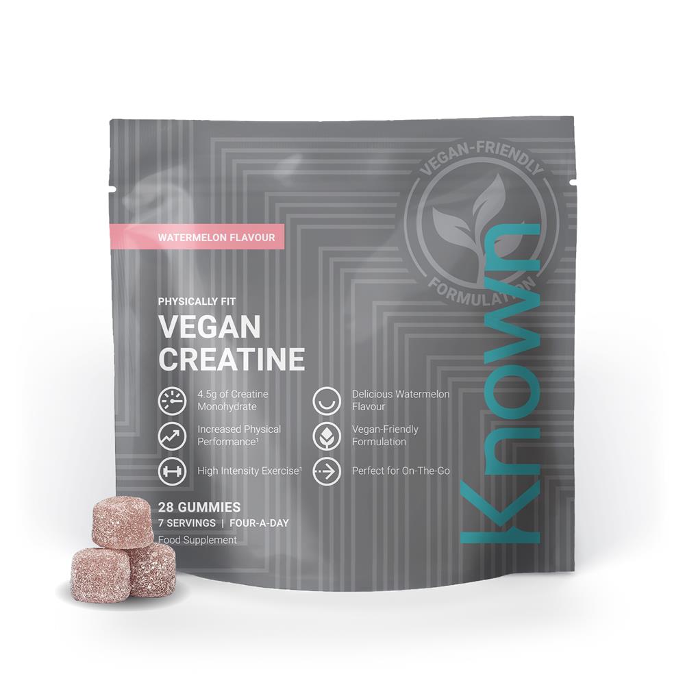 A pouch of Known Nutrition Vegan Creatine Gummies, featuring three watermelon-flavored vegan creatine gummies displayed in front, available at Fisa Health.
