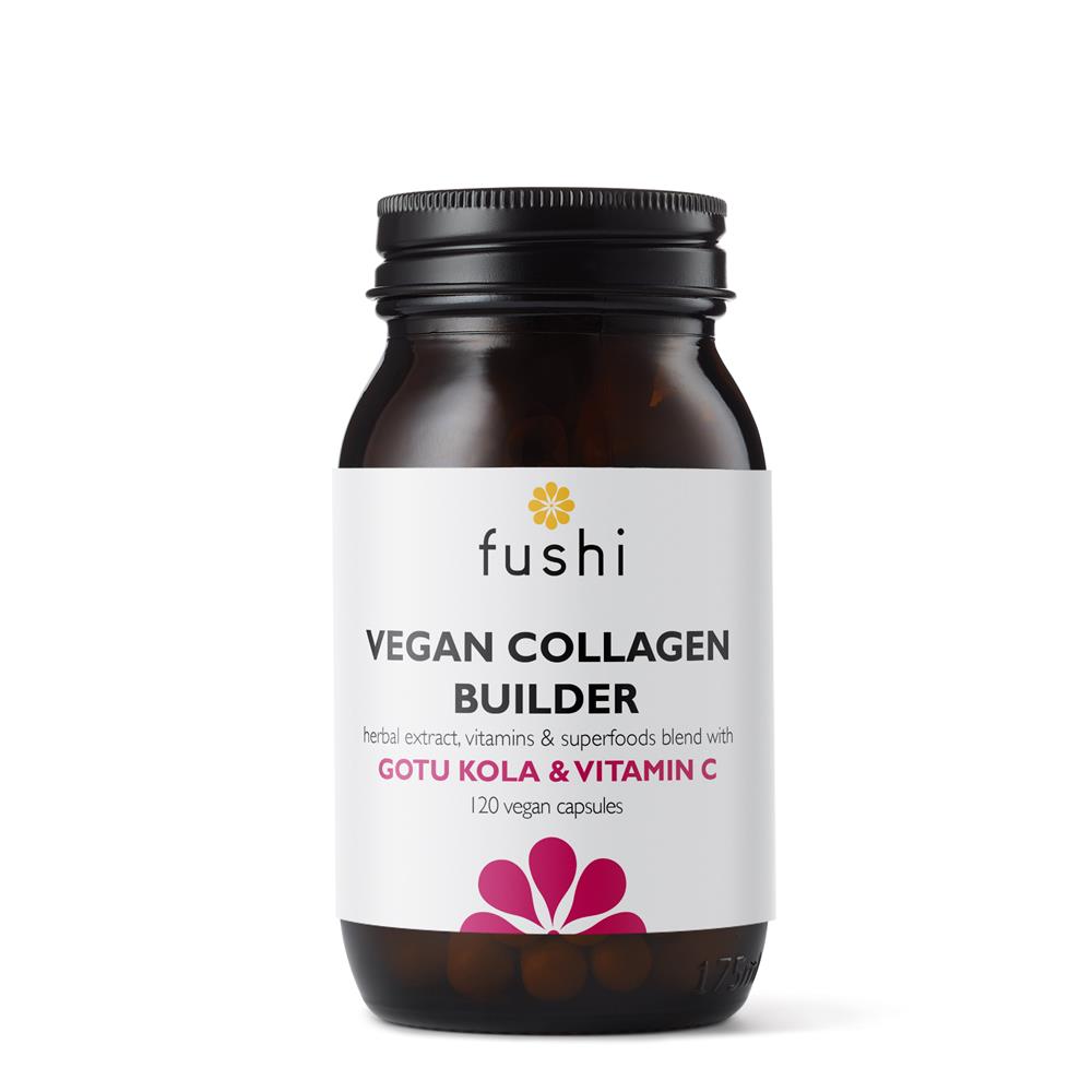 A bottle of Fushi Wellbeing Vegan Collagen Builder 120 Capsules displayed on a white background, available at Fisa Health.