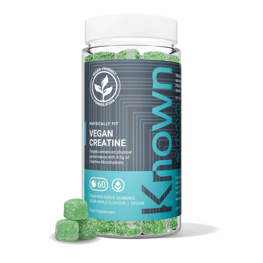 Clear plastic bottle of green apple-flavored Known Nutrition Vegan Creatine Gummies, 60 pack, 4.5g creatine monohydrate, available at Fisa Health.