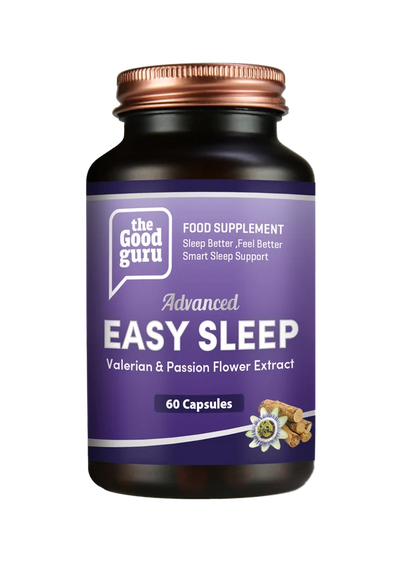 A brown plastic bottle of The Good Guru Vegan Easy Sleep Capsules x 60 featuring a purple label with the text Advanced EASY SLEEP, available at Fisa Health.
