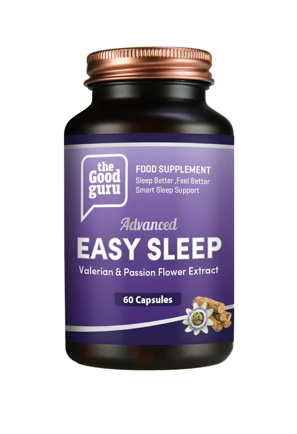 A brown plastic bottle of The Good Guru Vegan Easy Sleep Capsules x 60 featuring a purple label with the text Advanced EASY SLEEP, available at Fisa Health.