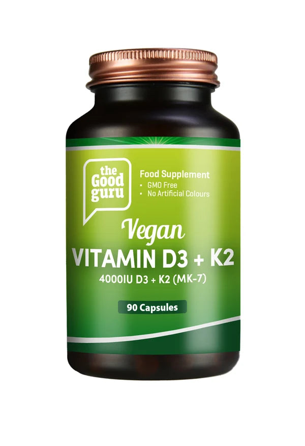 A brown glass bottle of The Good Guru Vegan Vitamin D3+K2 90 capsules, available at Fisa Health.