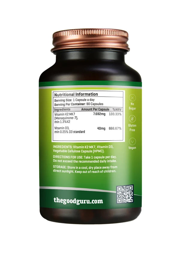 The Good Guru Vegan Vitamin D3+K2 90 capsules bottle label showing nutritional information, ingredients, and usage instructions, available at Fisa Health.