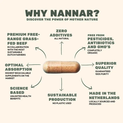 Infographic of Nannar Original: freeze-dried beef liver, zero additives, focused on absorption, science-based, sustainable, GMO-free, made in the Netherlands, available at Fisa Health.