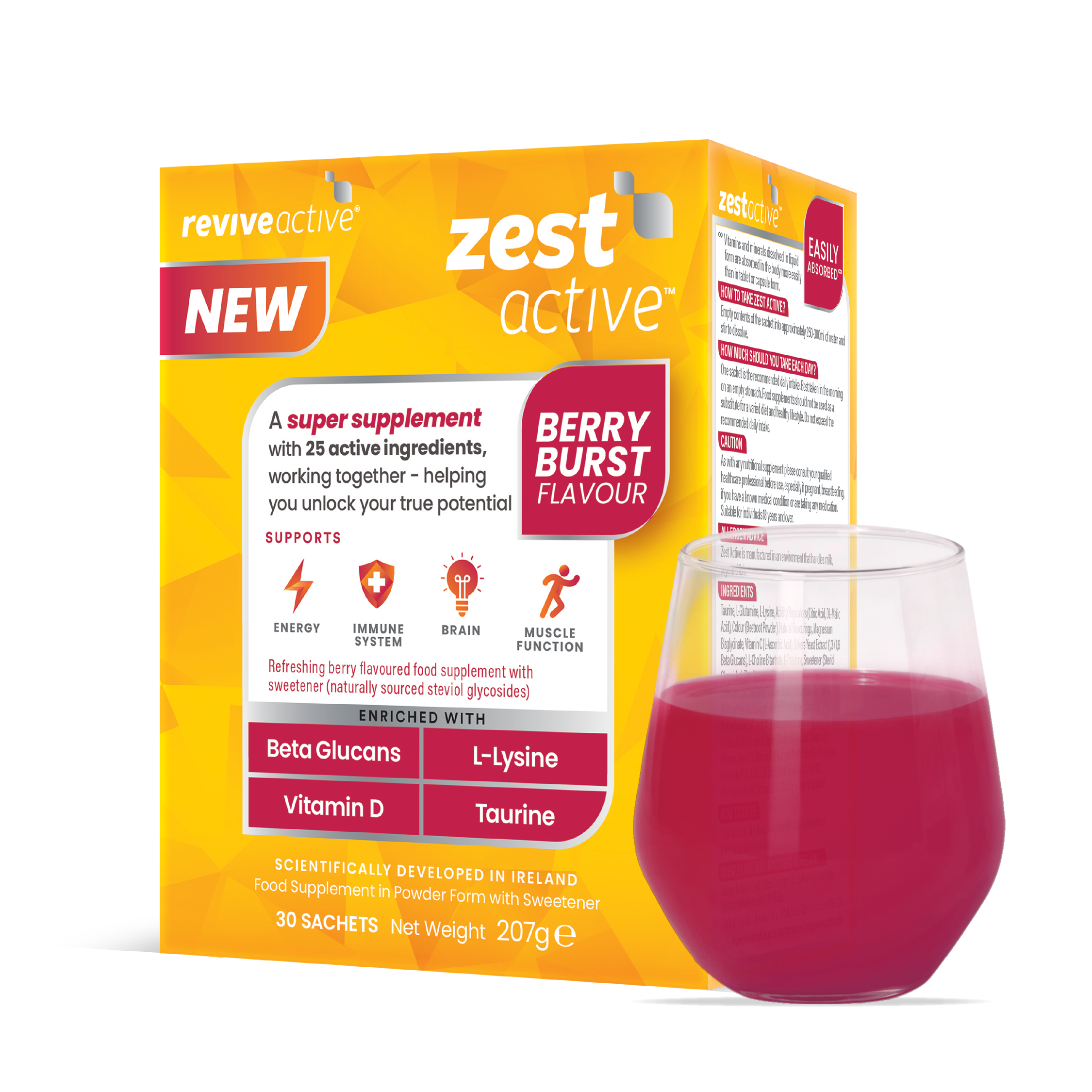 A box of Revive Zest Active- Berry Burst stands next to a bright pink drink, with its vitamins and minerals displayed in bold text on the packaging, available at Fisa Health.