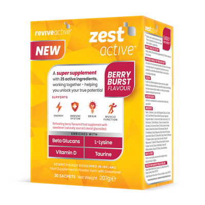 Vibrant box of Revive Zest Active- Berry Burst, a food supplement featuring vitamins, minerals, key ingredients, and serving details on the packaging, available at Fisa Health.