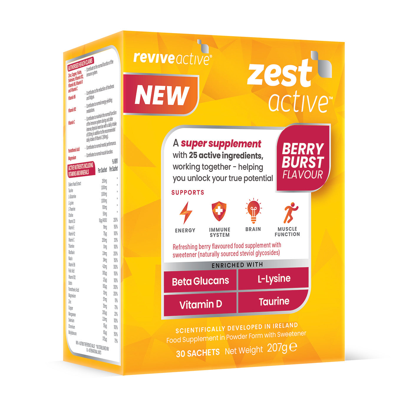 A 30-sachet box of Revive Zest Active- Berry Burst, featuring a berry-themed design and highlighting its vitamin and mineral content, available at Fisa Health.