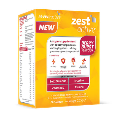 A 30-sachet box of Revive Zest Active- Berry Burst, featuring a berry-themed design and highlighting its vitamin and mineral content, available at Fisa Health.