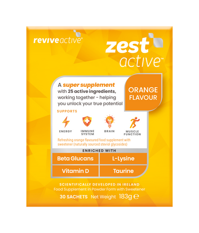 Revive Zest Active - Orange supplement, shown as a box of 30 sachets with orange accents and branding, available at Fisa Health.