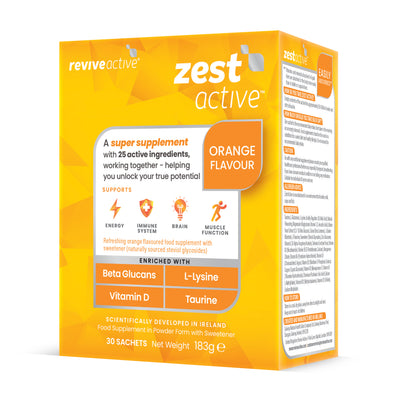 Image of FISA Health Revive Zest Active - Orange, a box containing 30 sachets with Beta Glucans and Vitamin D. Brand name "FISA Health" and product details visible on packaging. Available at Fisa Health.