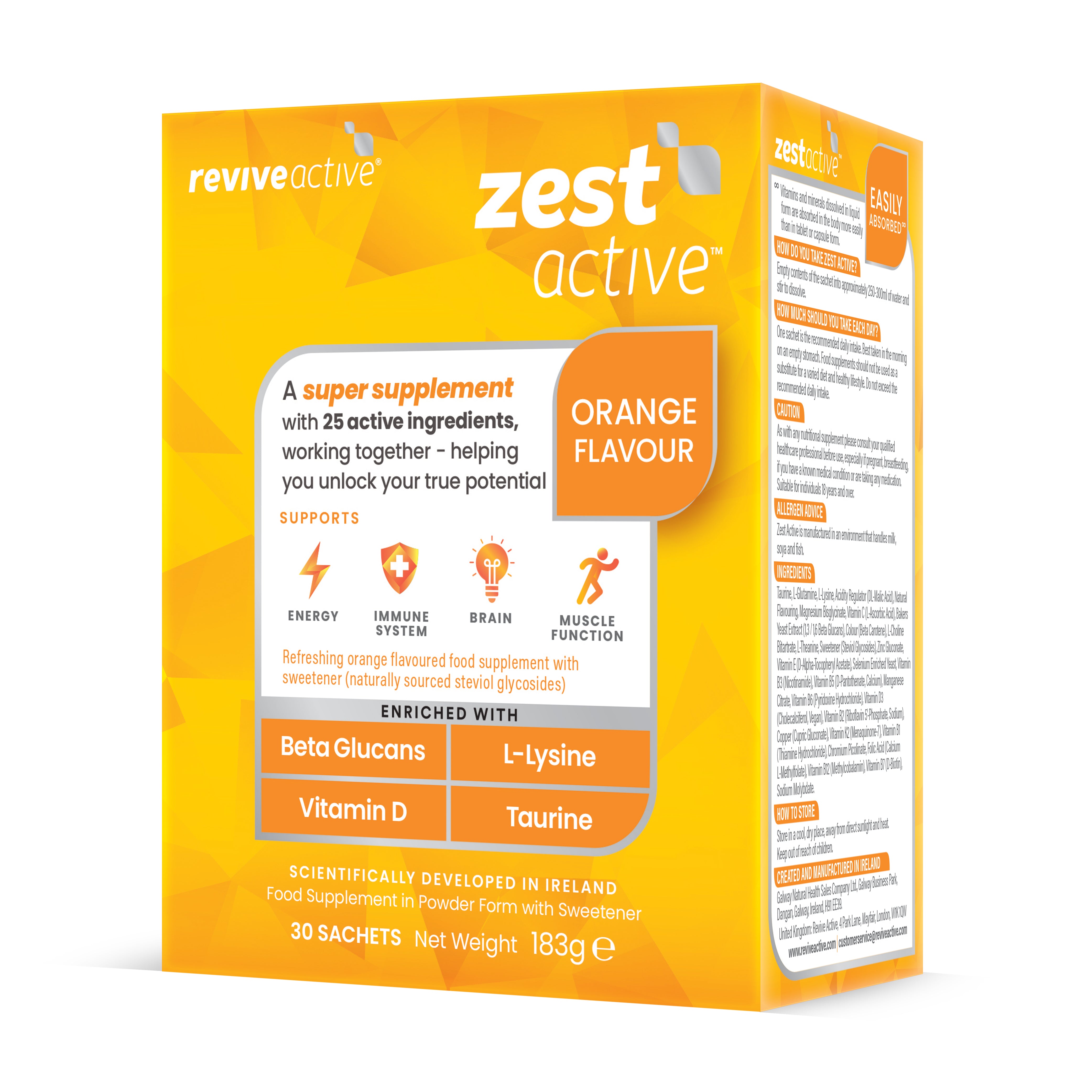 Image of FISA Health Revive Zest Active - Orange, a box containing 30 sachets with Beta Glucans and Vitamin D. Brand name "FISA Health" and product details visible on packaging. Available at Fisa Health.