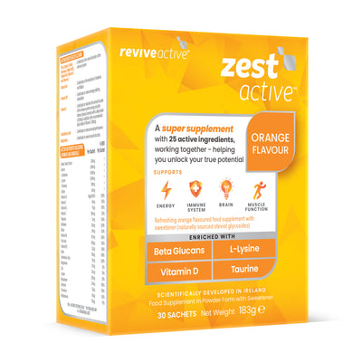 Revive Zest Active - Orange dietary supplement by FISA Health, featuring Beta Glucans, L-Lysine, Vitamin D, and Taurine on the label; available at Fisa Health.