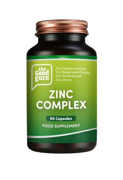 A brown bottle of The Good Guru Zinc Complex 90 Capsules, available at Fisa Health.