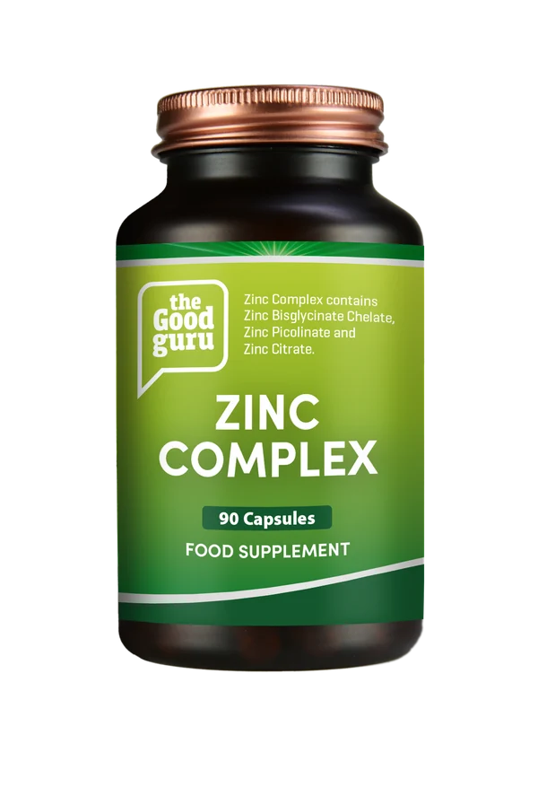 A brown bottle of The Good Guru Zinc Complex 90 Capsules, available at Fisa Health.