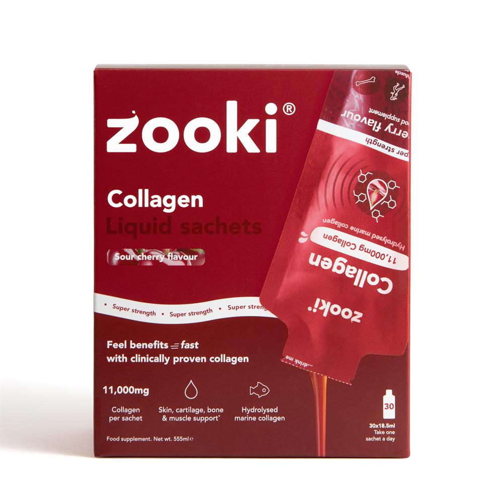 Zooki Collagen Marine 11000mg Sour Cherry 30 x 18.5ml sachets in a box with one individual sachet displayed in front, available at Fisa Health.