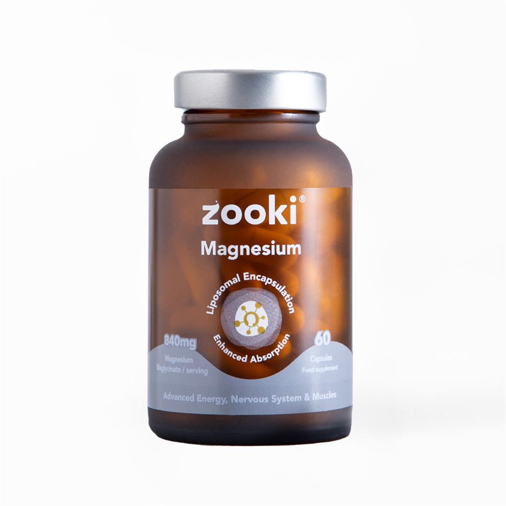Brown glass bottle of Zooki Magnesium Bisglycinate 840mg 60 Capsules Liposomal, available at Fisa Health.