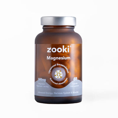 Brown glass bottle of Zooki Magnesium Bisglycinate 840mg 60 Capsules Liposomal, available at Fisa Health.