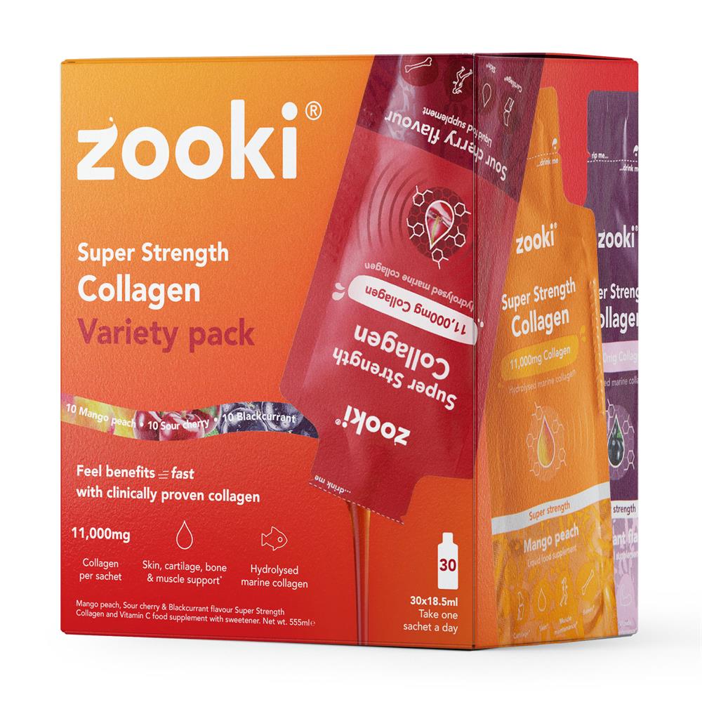 Box of Zooki Super Strength Marine Collagen 11000mg Variety Pack containing 30 x 18.5ml sachets in mango peach, sour cherry, and blackcurrant, available at Fisa Health.