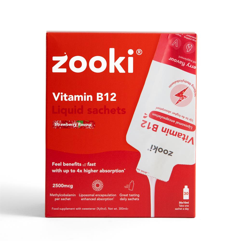 A box of Zooki Vitamin B12 2500mcg Strawberry 30 x 10ml Sachets Liposomal next to a single open sachet, available at Fisa Health.
