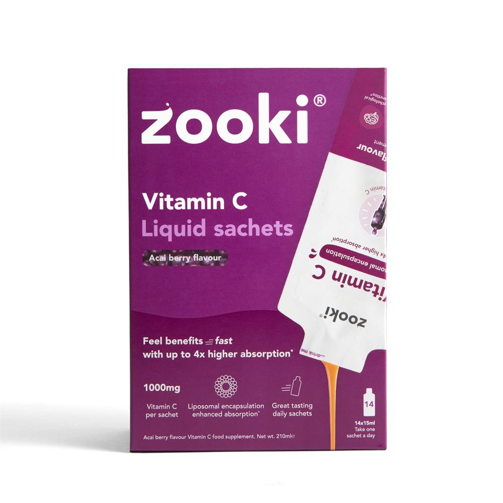 A purple box of Zooki Vitamin C 1000mg Acai Berry 14 x 15ml sachets with one sachet shown in front, available at Fisa Health.