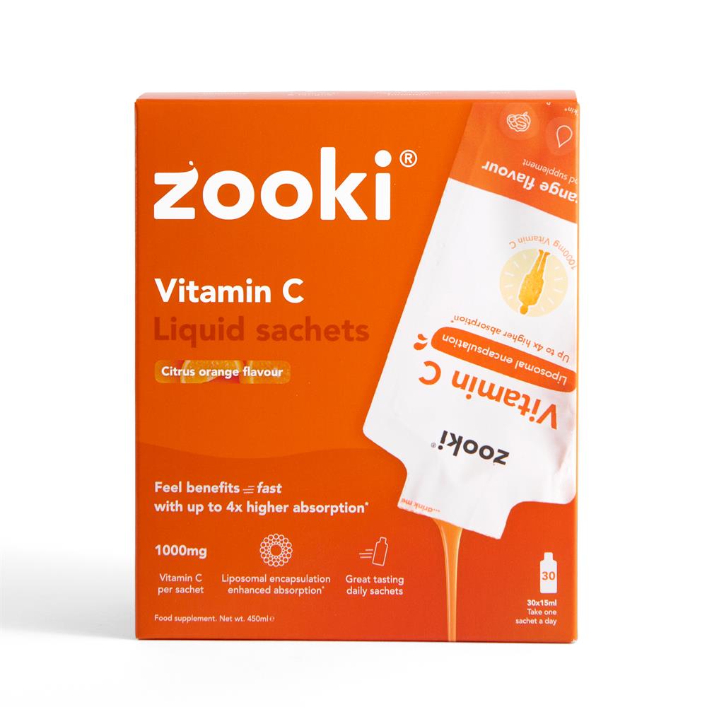 Box of Zooki Vitamin C 1000mg Orange 30 x 15ml sachets, orange-flavored liposomal supplement, available at Fisa Health.