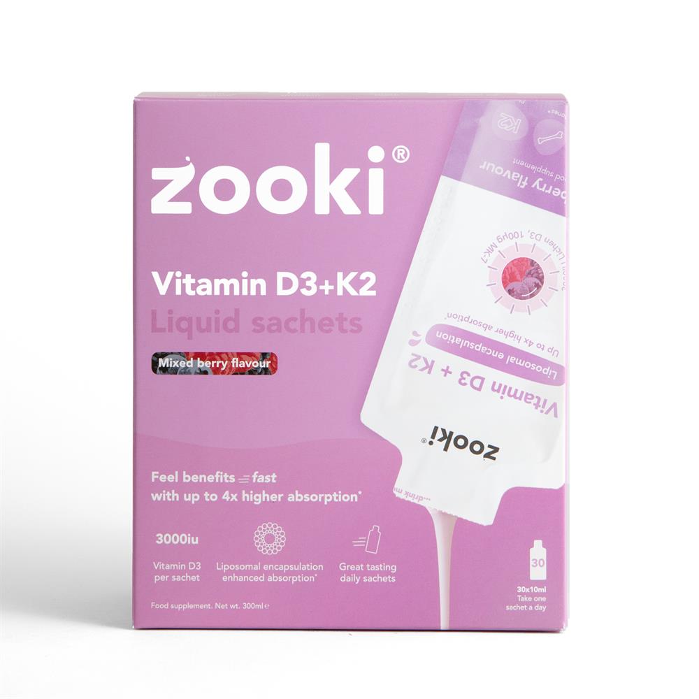 A purple box of Zooki Vitamin D3 + K2 3000iu Berry 30 x 10ml sachets next to a single sachet, available at Fisa Health.