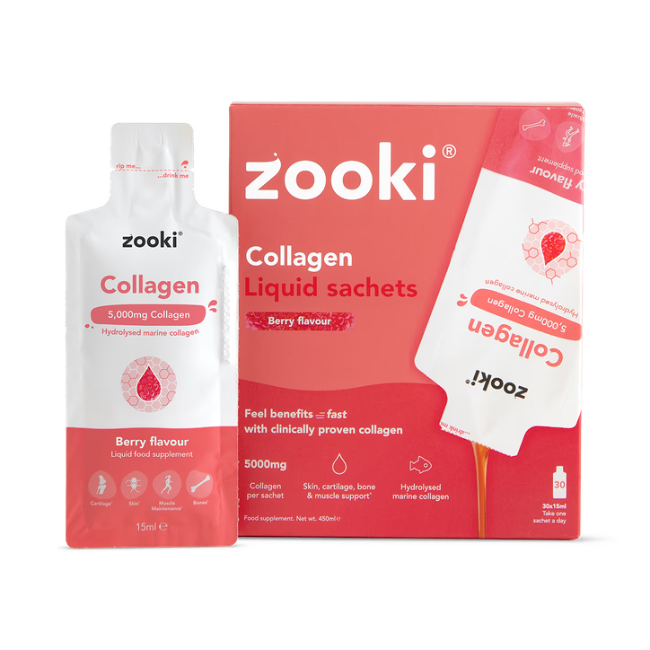 Zooki Collagen 5000mg Marine Berry 30 x 15ml sachets box and one individual sachet, available at Fisa Health.
