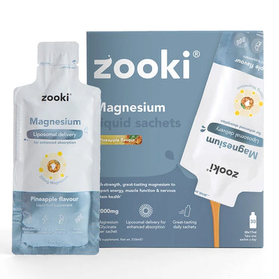 Zooki Liposomal Magnesium Bisglycinate 2000mg Pineapple 30 x 17ml sachets, available at Fisa Health.