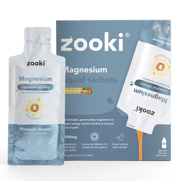 Zooki Liposomal Magnesium Bisglycinate 2000mg Pineapple 30 x 17ml sachets, available at Fisa Health.