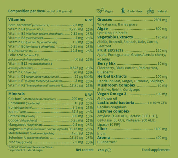 The Alka® Greens Multi package displays its nutritional label with listed vitamins, minerals, vegan and gluten-free icons, ingredients, and net content of 240g, available at Fisa Health.