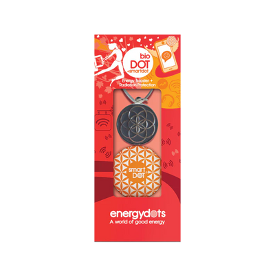 Red and orange bioTAG and smartDOT packaging shown with two wearable devices featuring geometric patterns as accessories for everyday use, available at Fisa Health.