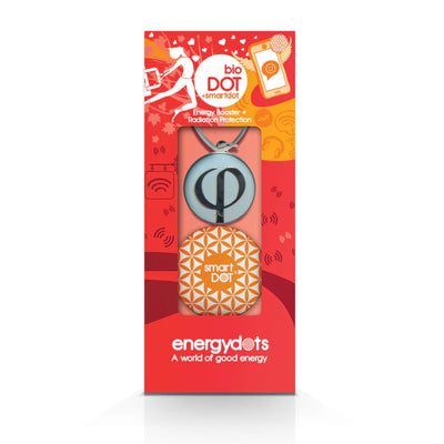 Rectangular packaging for bioTAG + smartDOT, displaying two wearable accessories with bold red-orange graphics, available at Fisa Health.