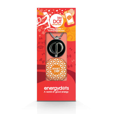 BioTAG + smartDOT, a wearable keyring accessory for everyday use, displayed in a red and orange box labeled "A world of good energy," available at Fisa Health.