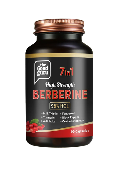 Amber bottle of The Good Guru High Strength Berberine HCL 98% 90 capsules with a list of botanical ingredients, available at Fisa Health.
