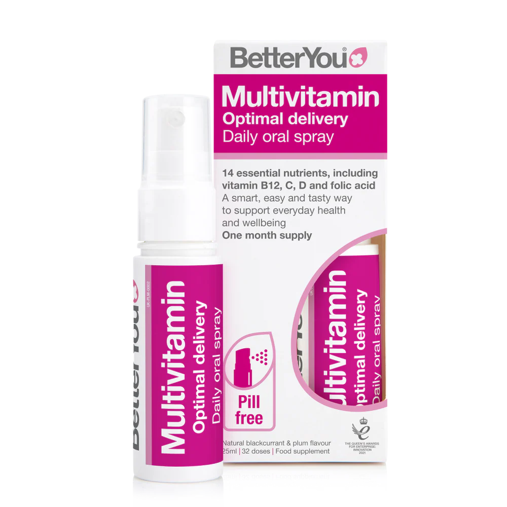 BetterYou Multivitamin Oral Spray, featuring 14 nutrients in a convenient spray bottle. Made in the UK, available at Fisa Health.