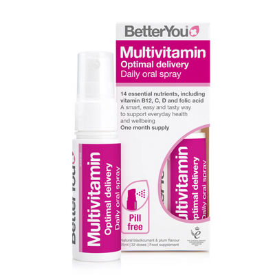BetterYou Multivitamin Oral Spray, featuring 14 nutrients in a convenient spray bottle. Made in the UK, available at Fisa Health.