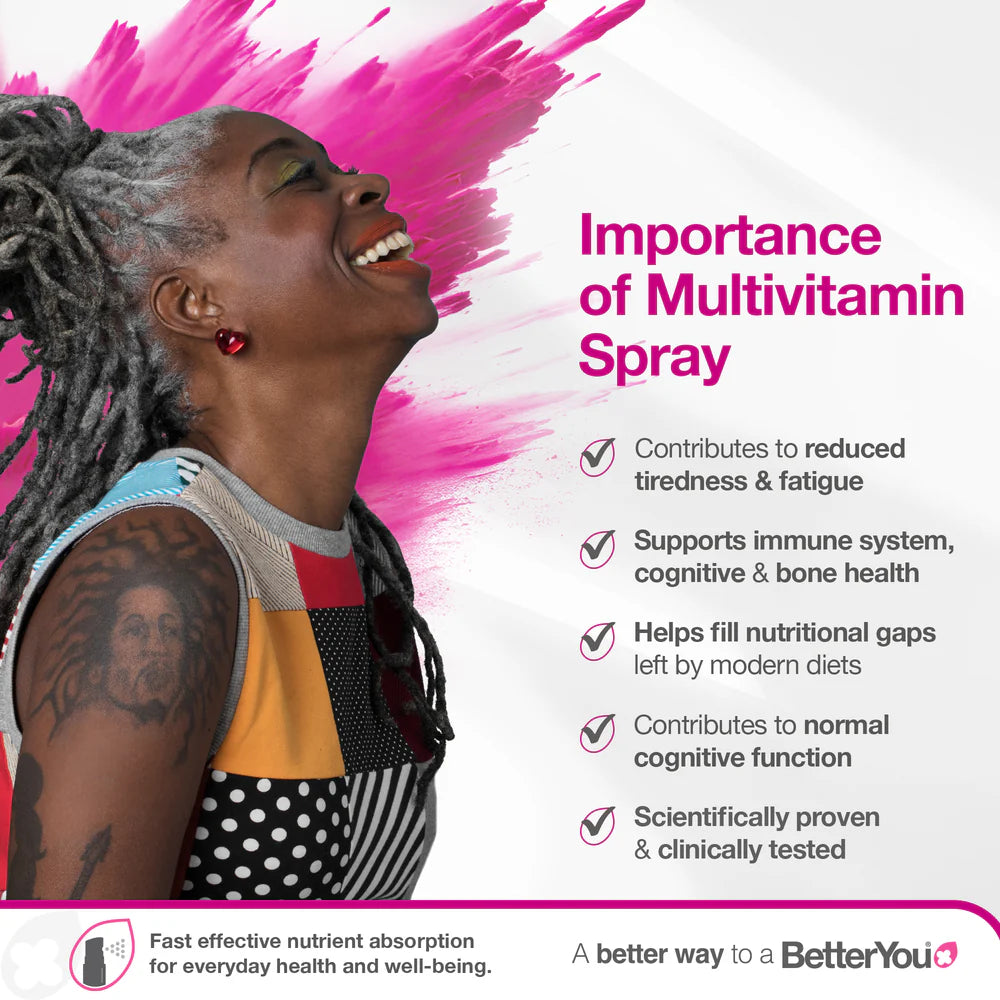 A smiling UK woman with gray dreadlocks is shown next to BetterYou - Multivitamin Oral Spray, highlighting its features on a vibrant, modern background, available at Fisa Health.