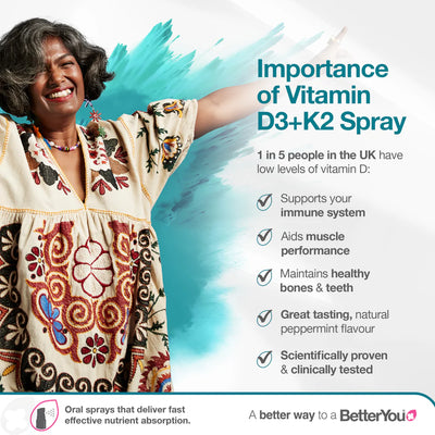 Smiling woman in a floral dress raises her arms next to BetterYou Vitamin D3 4000iu + K2 spray, available at Fisa Health.
