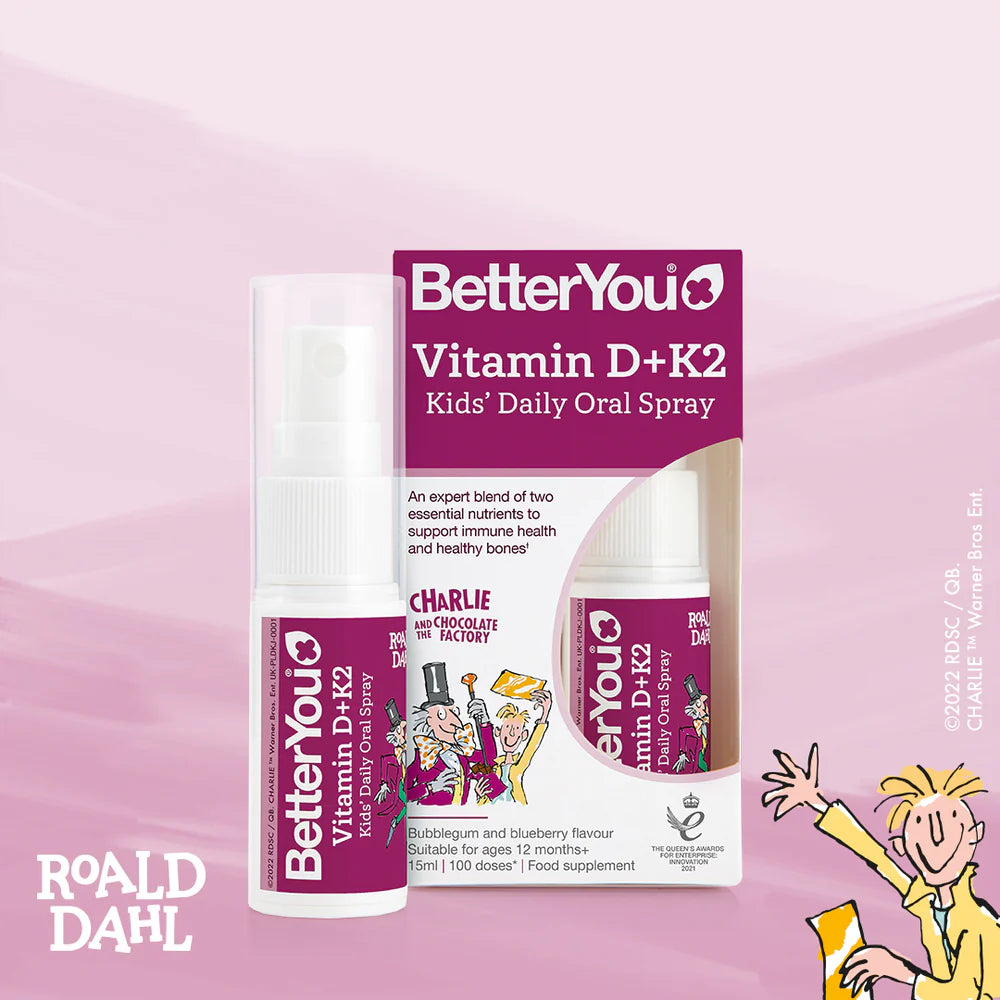 BetterYou - Vitamin D + K2 Kids' Oral Spray in pink and white packaging, featuring Roald Dahl’s Charlie and the Chocolate Factory, available at Fisa Health.