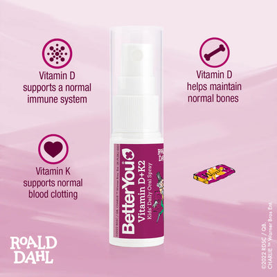 BetterYou Vitamin D + K2 Kids' Oral Spray bottle with Roald Dahl branding and playful illustrations, available at Fisa Health.