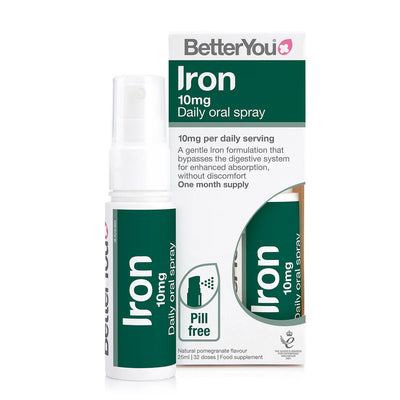 BetterYou Iron Oral Spray 10mg with pomegranate flavor displayed in green and white packaging, available at Fisa Health.